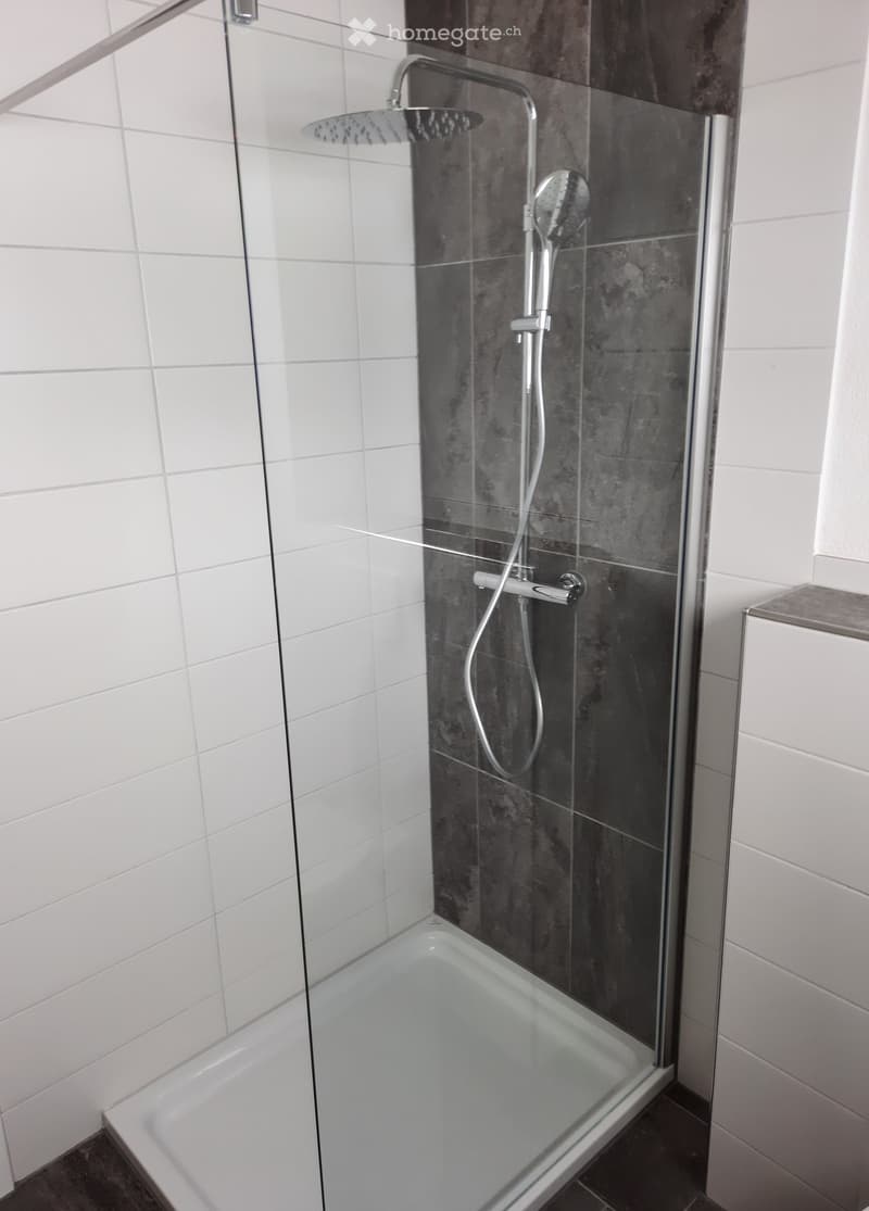 shower area with glass door, shower head, and shower hose
