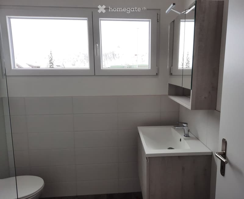 Bathroom with white tiles, white sink, white toilet, glass shower enclosure, mirror, and two windows