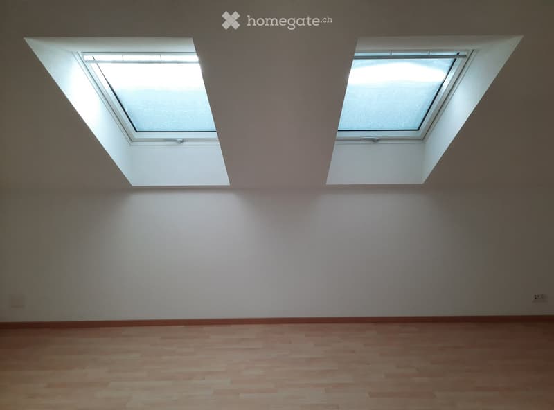empty room, two skylights, wooden floor, white walls
