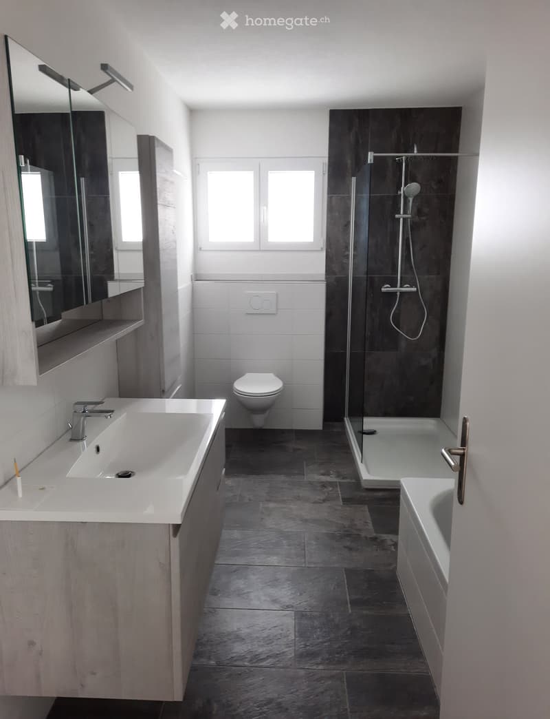 modern bathroom with white tiles, white sink, white toilet, glass shower, bathtub