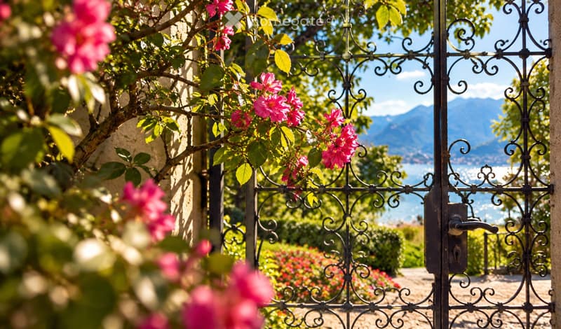 Ornate metal gate with pink flowers and a scenic mountain and lake view beyond.