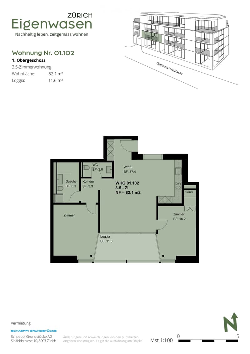 Floor plan of a 3.5-room apartment on the first floor, including a living/dining area, bedroom, bathroom, hallway, and loggia.