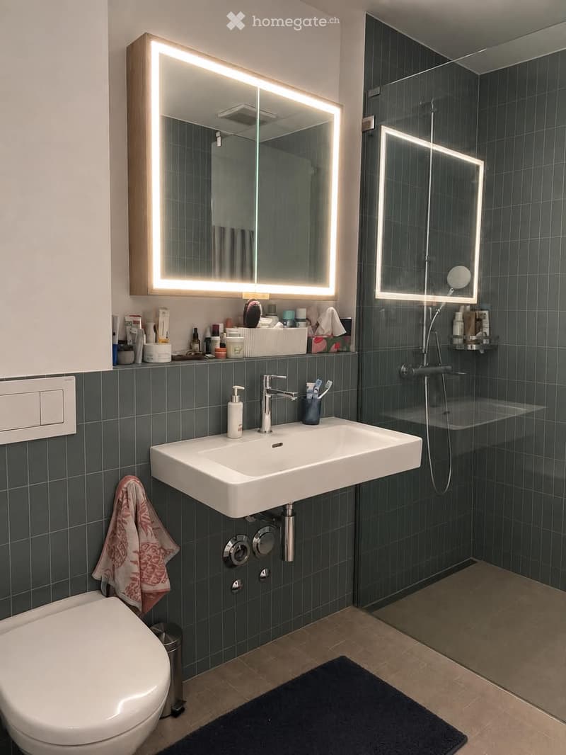 Modern bathroom with dark grey tiles, a white sink with a chrome faucet, a large illuminated mirror, a glass-enclosed shower, and a toilet. The countertop holds various toiletries and a towel is draped on the side.