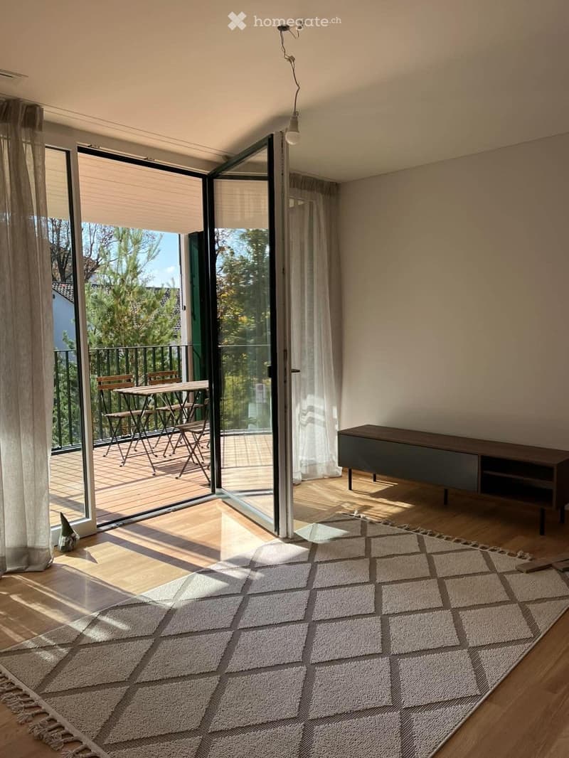Bright living space with large sliding glass doors opening to a balcony, featuring a wooden floor, a large area rug, a side cabinet, and a small table and chairs on the balcony.