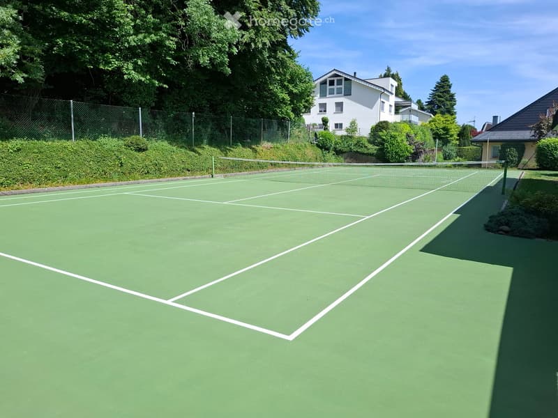 Tennis court with green surface and white lines, surrounded by a fence and trees, with houses visible in the background.
