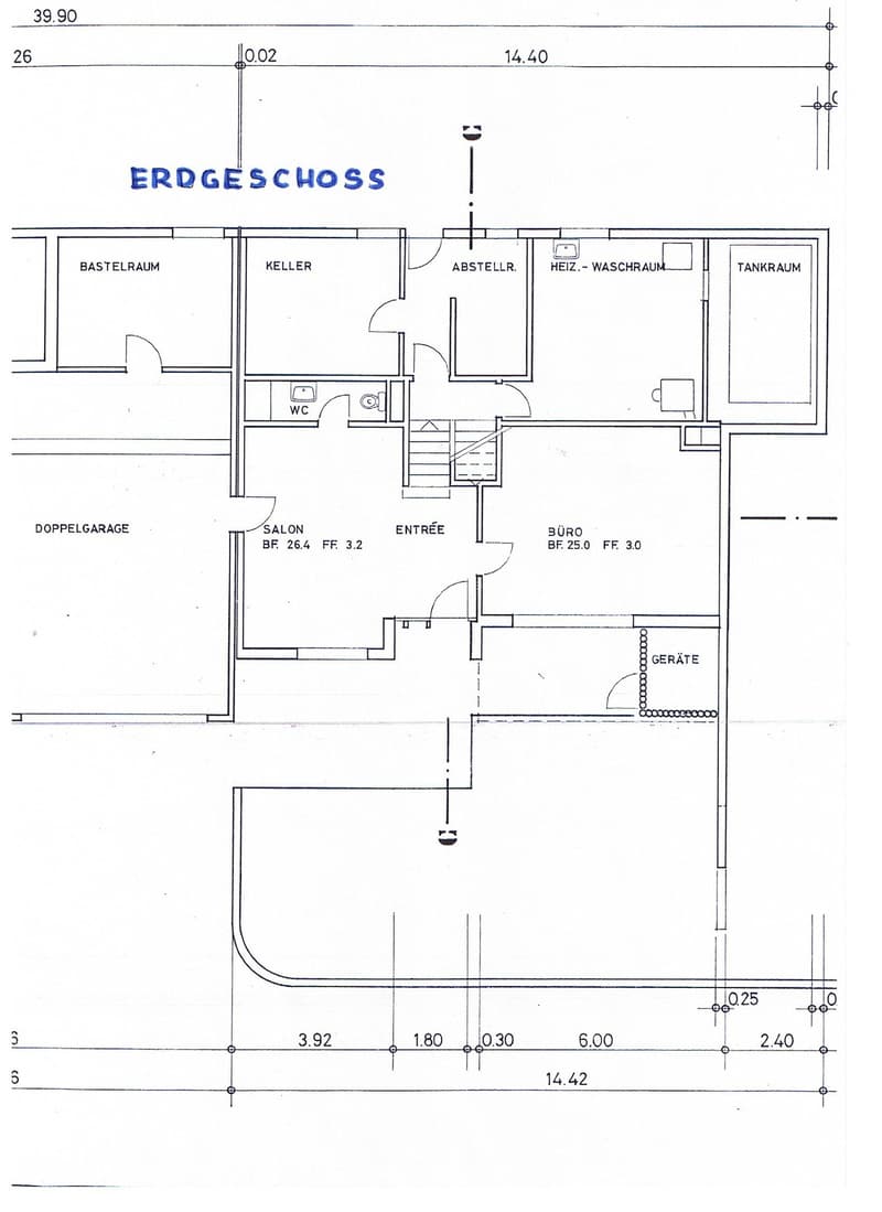 Ground floor layout showing rooms including a double garage, salon, entrance, office, storage, utility, and basement areas.