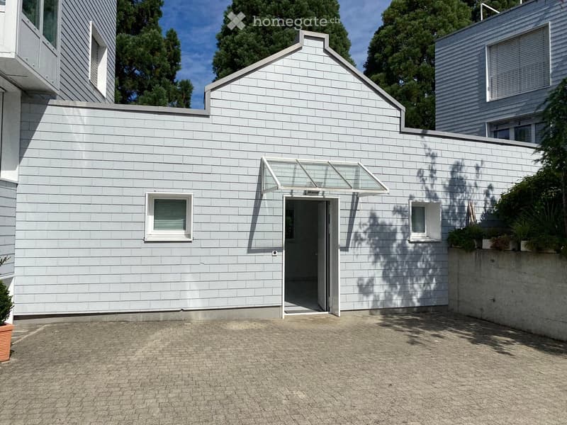 Modern single-story house with light grey shingled exterior, white-framed windows, and a covered entrance with glass panels.