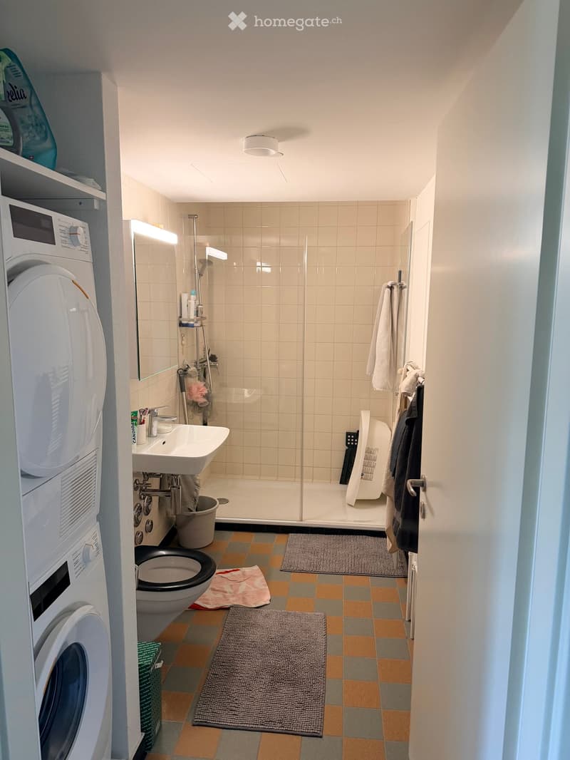 Modern bathroom with a washing machine, sink, toilet, shower, and towel rack. Features a tiled floor and walls with a glass shower enclosure.