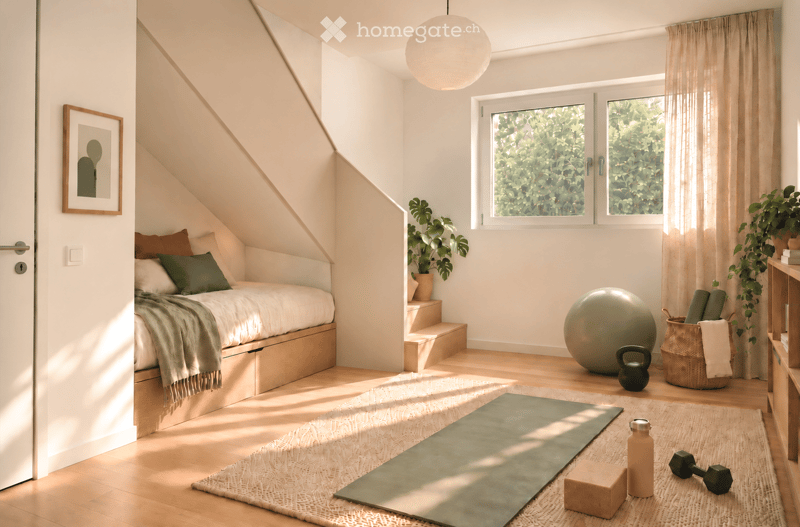 Cozy attic bedroom with a raised bed, pillows, blanket, potted plants, exercise ball, kettlebell, yoga mat, and small dumbbells.
