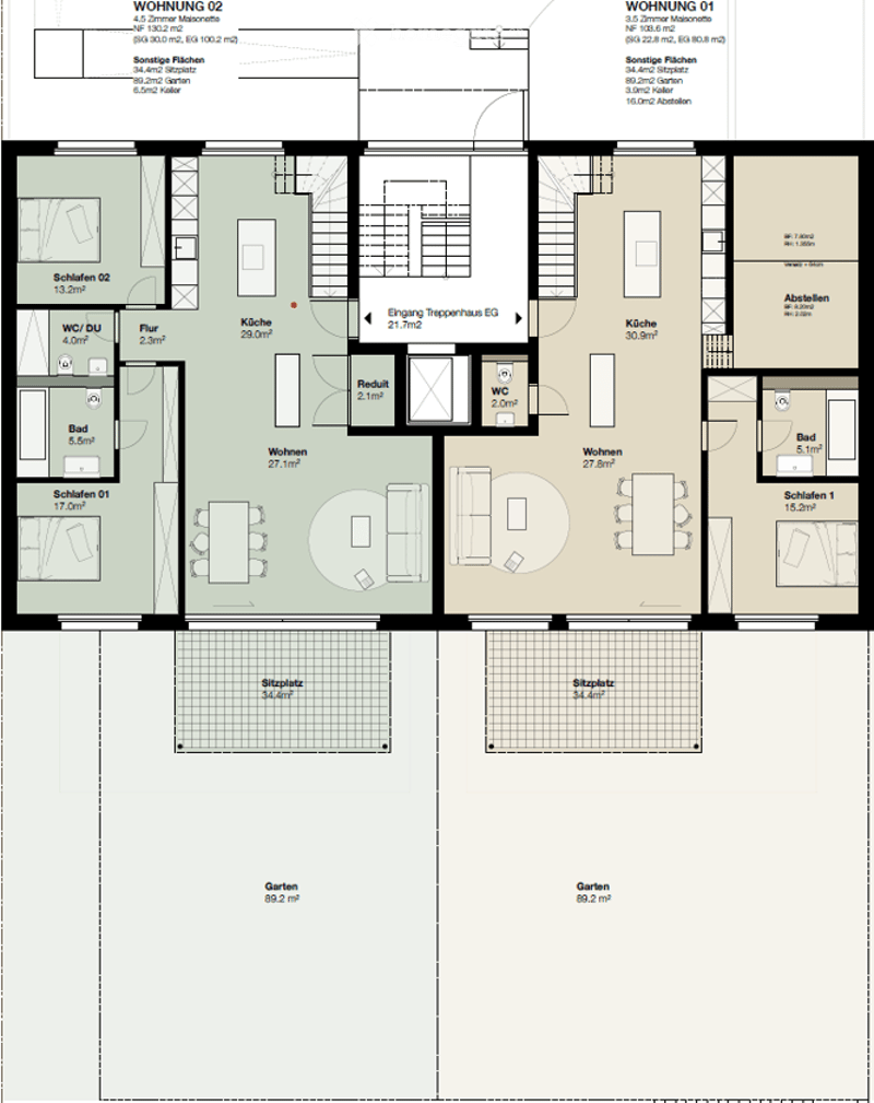 Floor plan of a multi-level residential building with two apartments, each featuring living spaces, bedrooms, bathrooms, and kitchens. Includes stairwell access to a third floor, and outdoor seating areas.