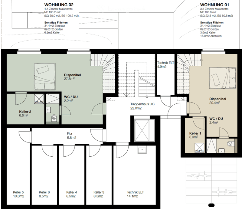 Floor plan of two apartments (Wohnung 01 and Wohnung 02) with multiple rooms, including living spaces, bedrooms, bathrooms, and technical areas.