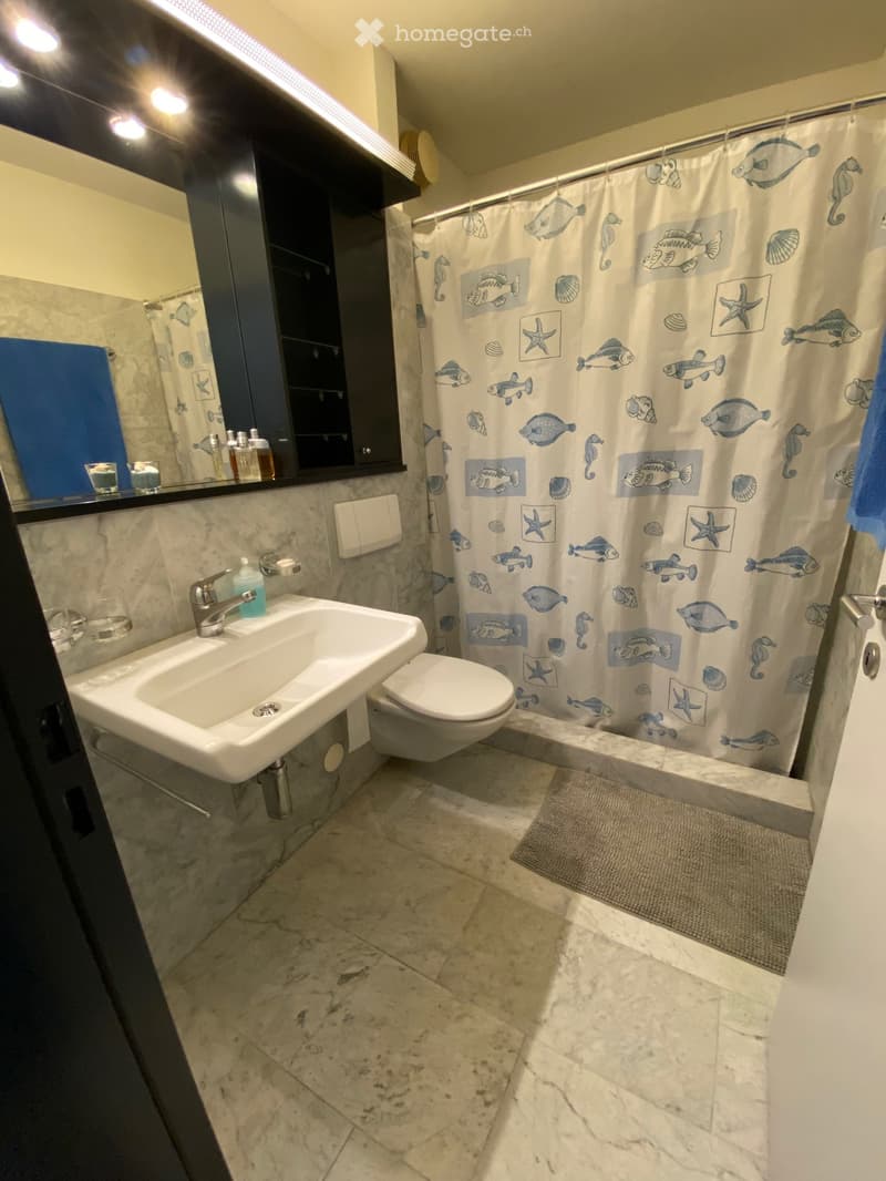 Modern bathroom with marble tiles, a white sink, a toilet, a shower with a fish-themed curtain, a mirror with built-in storage, and a small rug on the floor.