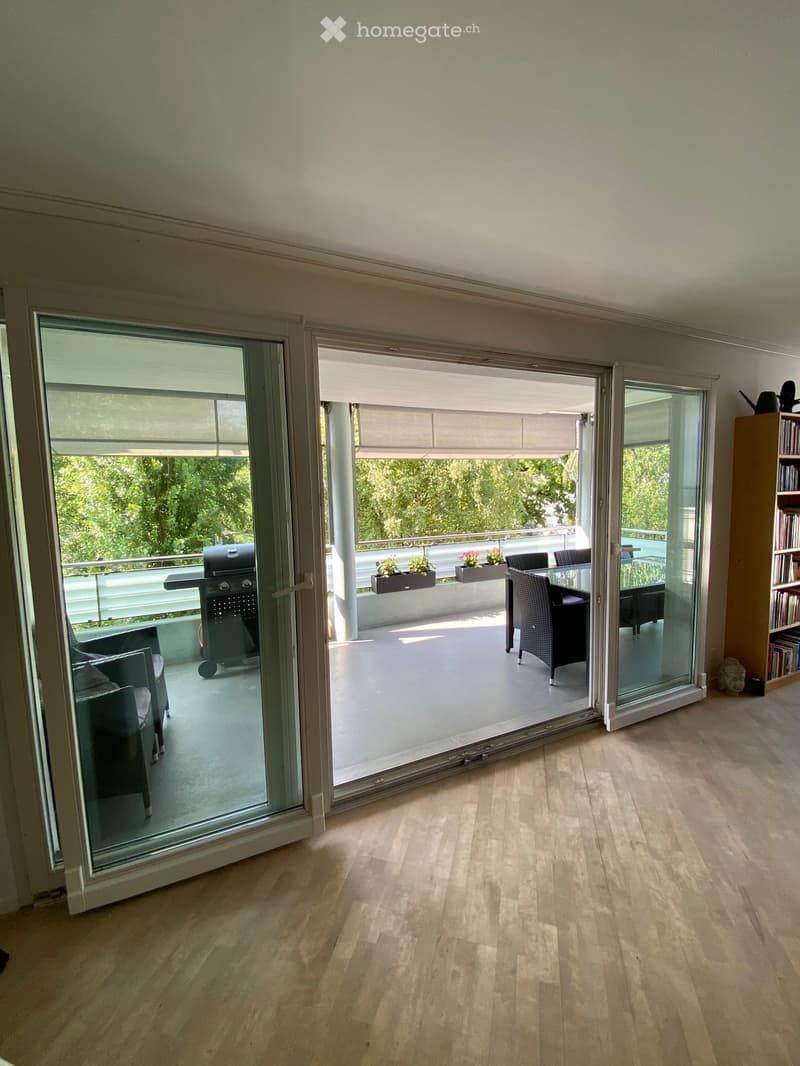 Bright room with wooden flooring, large sliding glass doors opening to a balcony with outdoor furniture, a grill, and potted plants.