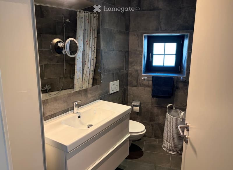Modern bathroom with a white sink, chrome faucet, mirror, toilet, dark tiled walls, and a small window. A towel hangs on a rack, and a woven basket is placed on the floor.