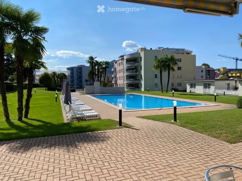 Well-maintained outdoor area with a swimming pool, lounge chairs, palm trees, and surrounding buildings.
