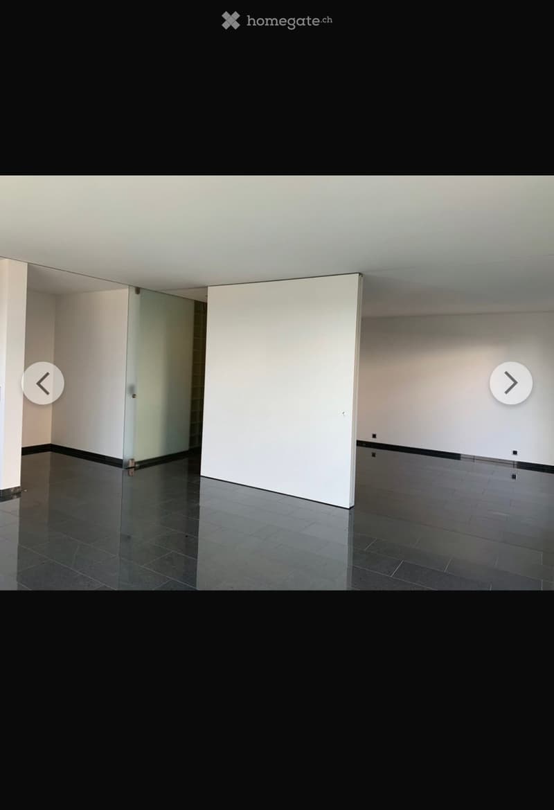 Empty room with white walls, dark tiled floor, and a glass door leading to another space.