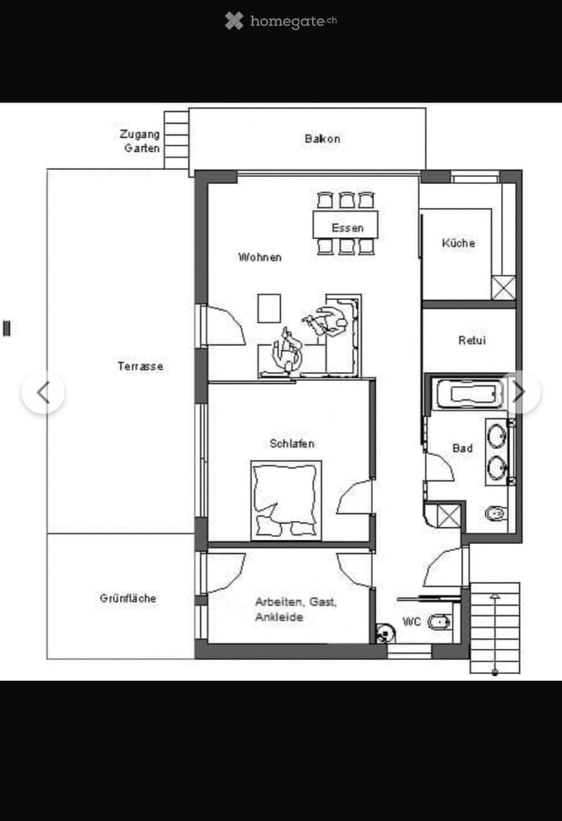 Floor plan showing a kitchen, dining area, living room, bedroom, bathroom, and terrace access.