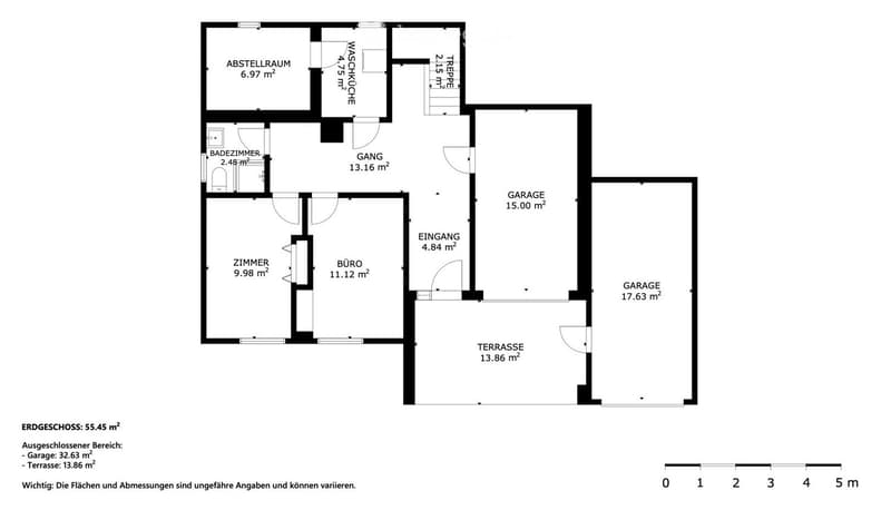 Floor plan of a ground floor showing a bathroom, office, room, storage area, washing kitchen, entrance, garage, terrace, and staircase.