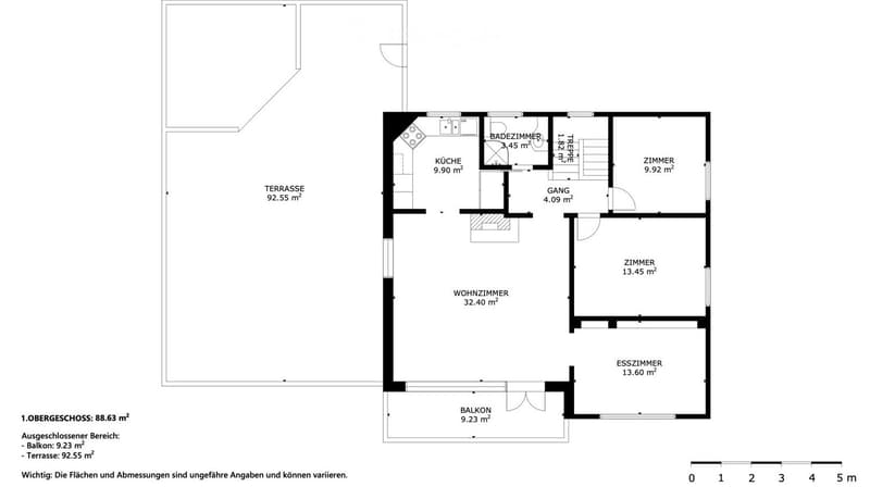 Floor plan of a 1st floor showing a living room, dining room, two bedrooms, kitchen, bathroom, hallway, balcony, and terrace.
