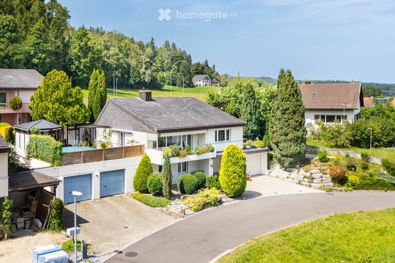 Two-story house with a grey roof, white exterior, and a garage. The property features a well-maintained garden with various trees and shrubs, and a driveway leading to the house.