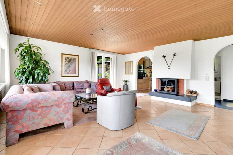 Bright living room with tiled flooring, wooden ceiling, fireplace, sofa, armchair, coffee table, and large plant.