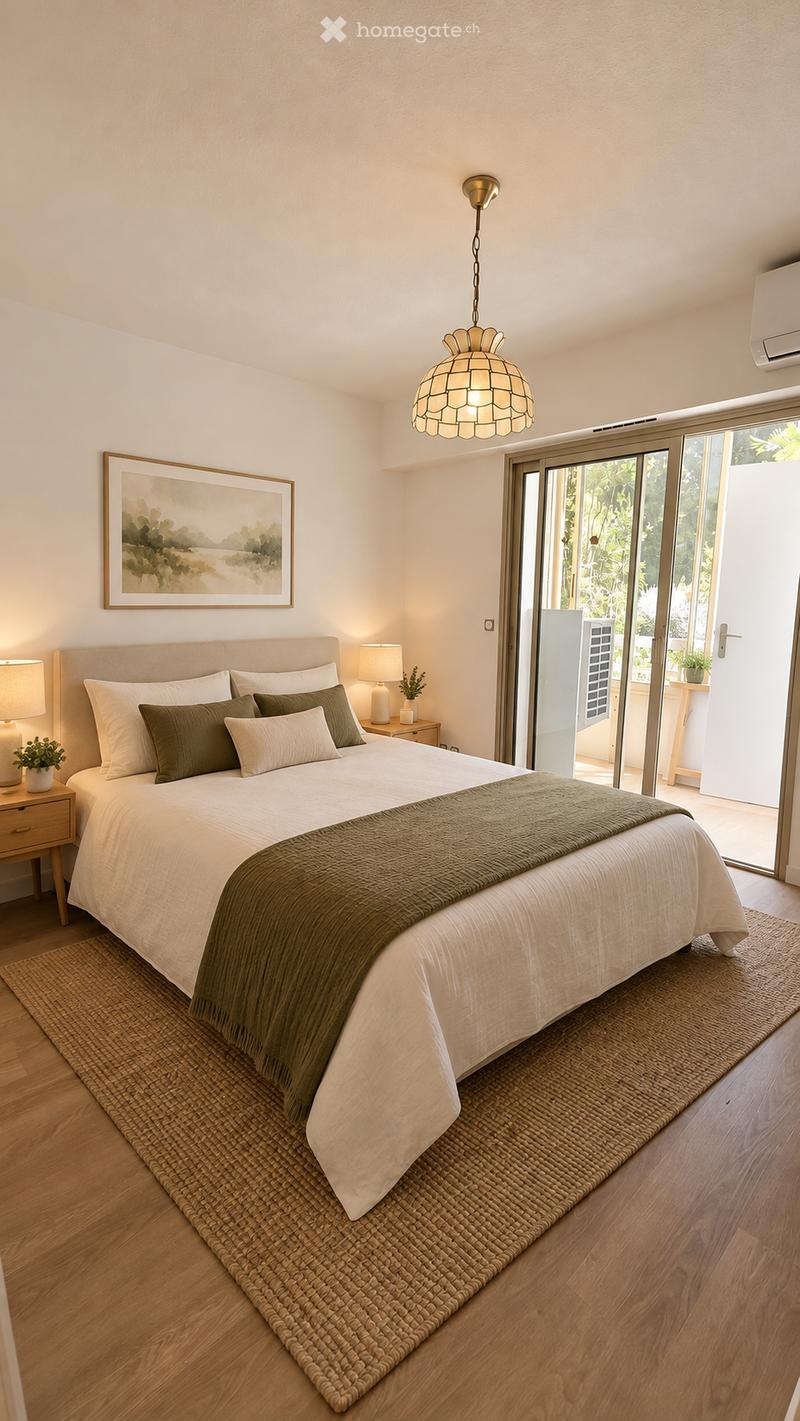 Modern bedroom with a large bed, nightstands, lamps, and a woven rug on a wooden floor. A large sliding glass door leads to a balcony with outdoor plants.