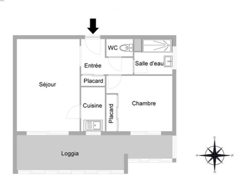 Floor plan of a 3-room apartment with a living room, kitchen, bedroom, and bathroom. Includes an entrance, hallway, and loggia.