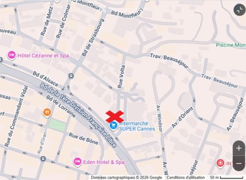 Map view of a street area showing the location of Intermarché Super Cannes, with surrounding streets and landmarks.