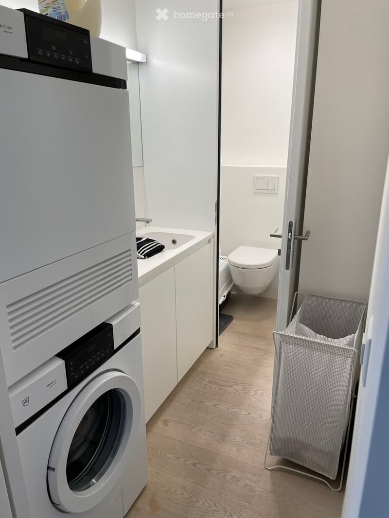 Modern bathroom with a washing machine, toilet, sink, and a towel on the counter.