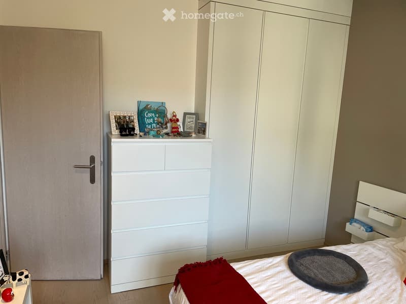 Modern bedroom with a white wardrobe, a bed with a red blanket, a cat bed, and decorative items on a nightstand.