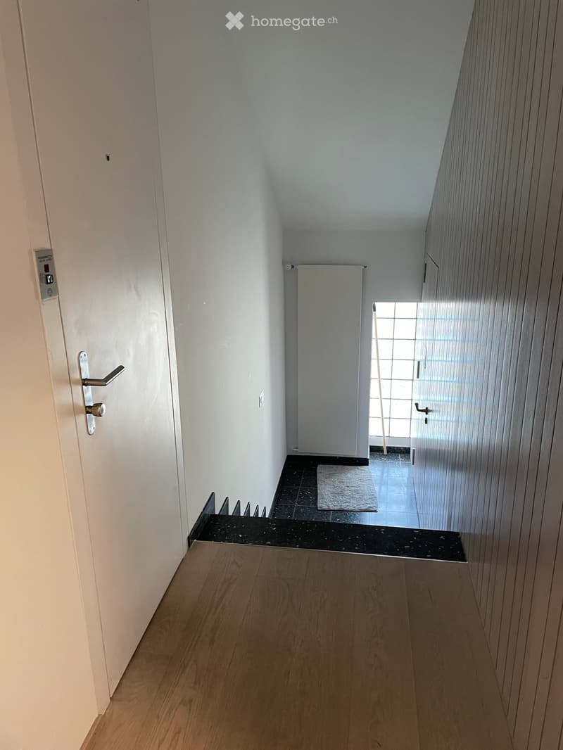 Modern hallway with wooden flooring, white walls, and a small black tiled area leading to a room with a glass door and blinds.