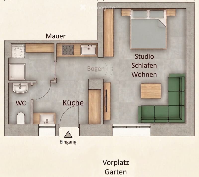Floor plan of a compact studio apartment with a living area, kitchen, bathroom, and small garden area.