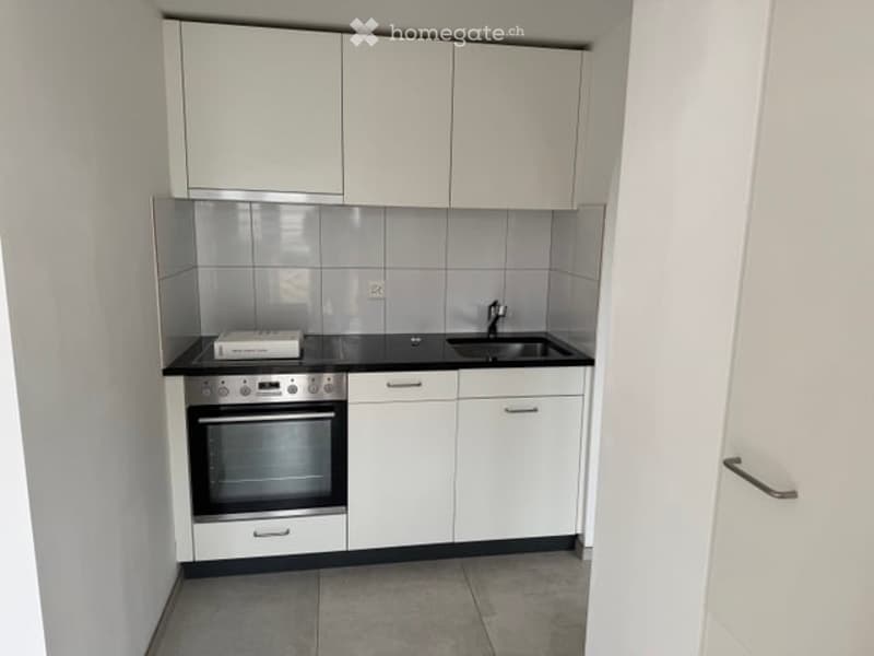 Modern kitchen with white cabinets, black countertops, and built-in oven. Features a sink and a small appliance on the counter.