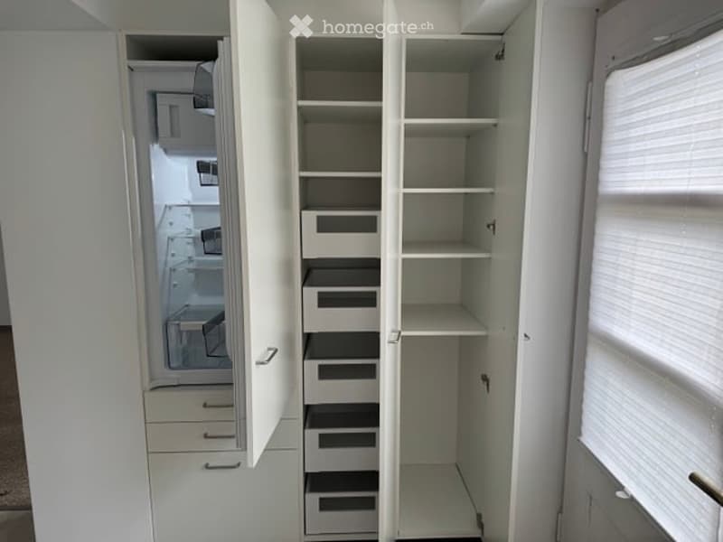Empty room with white built-in wardrobes and shelves, no furniture or items present.