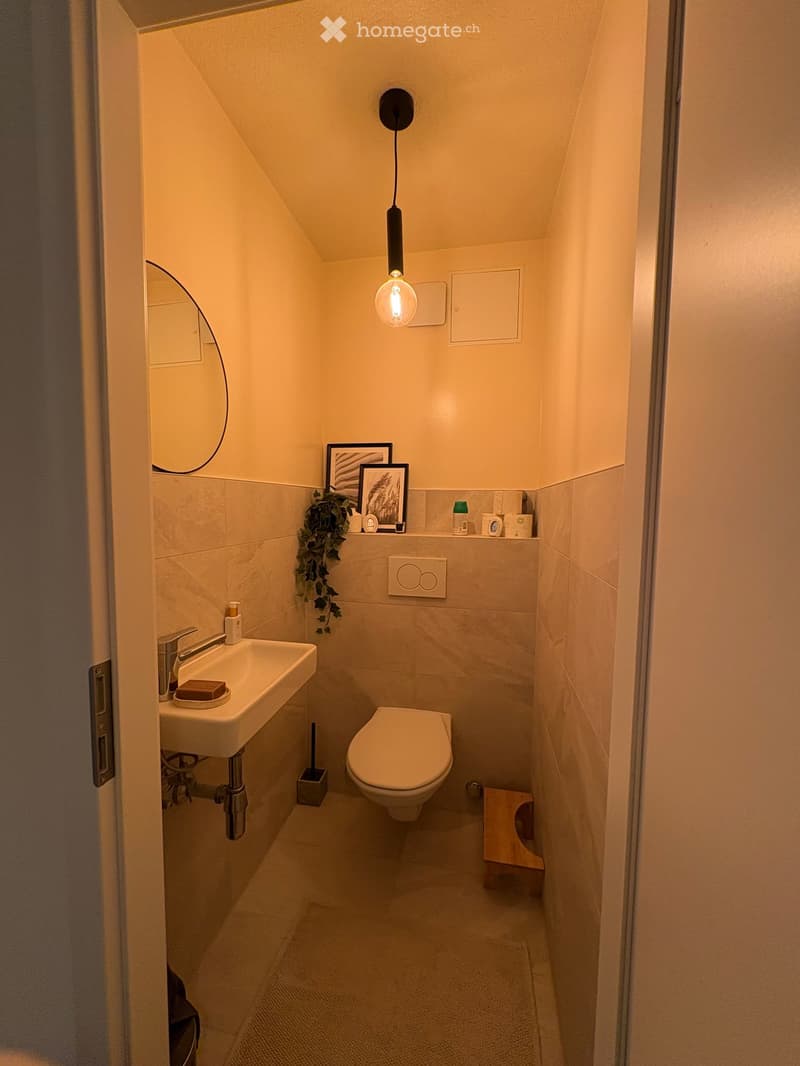 Compact bathroom with a white sink, toilet, and a small wooden stool. Features a modern mirror, framed pictures, and a hanging light fixture.