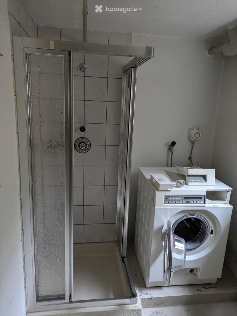 Bathroom with a shower stall and a washing machine placed next to it.