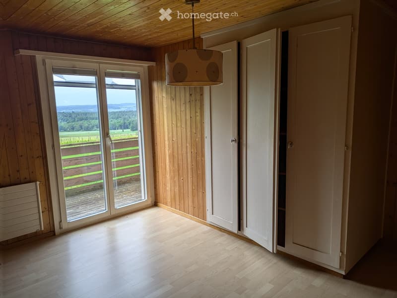 Empty room with wooden walls, wooden floor, large windows, and a hanging lamp.