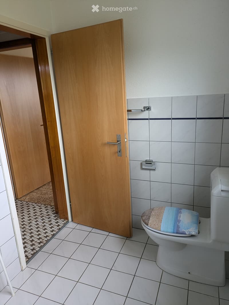 Bathroom with white tiled walls and floor, toilet with a decorative cover, and a wooden door leading to another room.