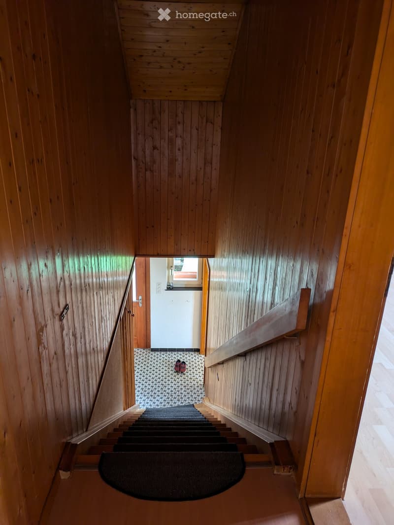 Wooden staircase with dark blue runner, wooden handrail, and patterned tile floor visible at the landing.