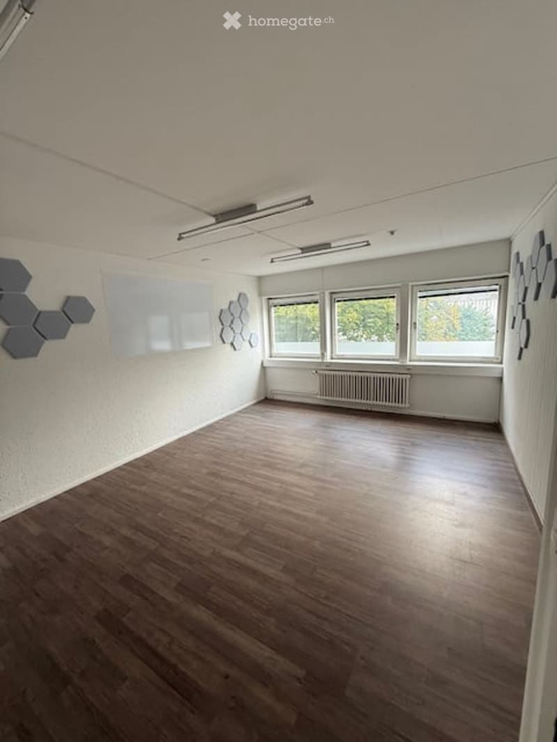 Empty room with wooden flooring, white walls, large windows, and modern geometric wall decorations.