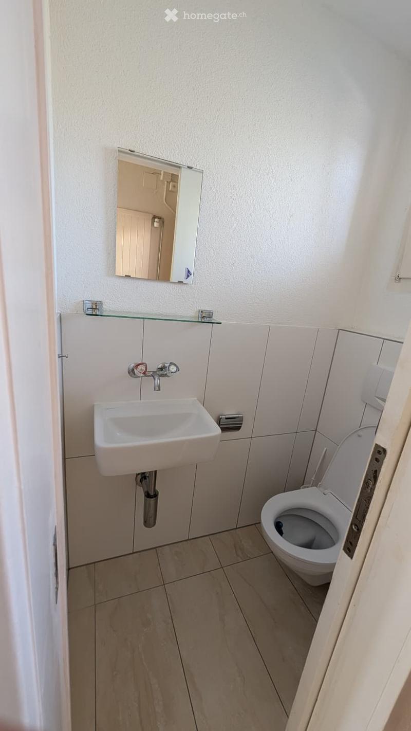Modern bathroom with a white sink, toilet, and mirror. The sink has a chrome faucet and a glass shelf above it. The walls are tiled in light gray, and the floor is tiled in beige.