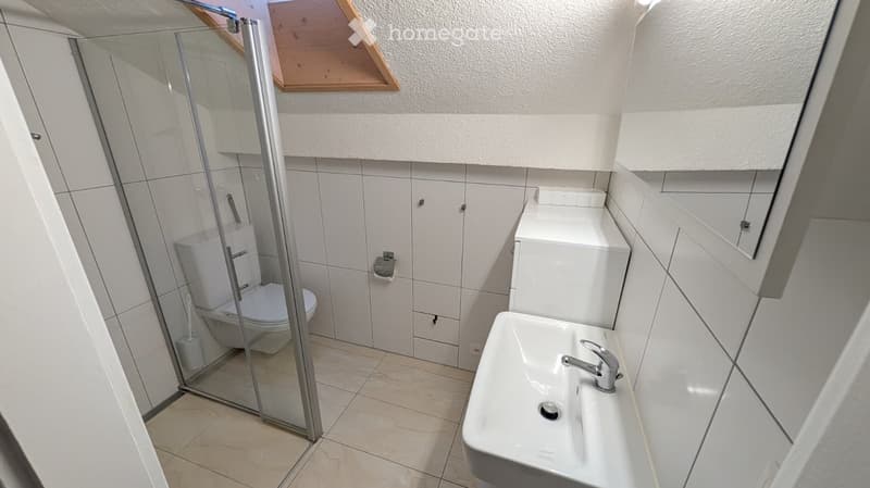 Modern bathroom with white tiles, a toilet, a sink with a silver faucet, a glass shower enclosure, and built-in cabinets.