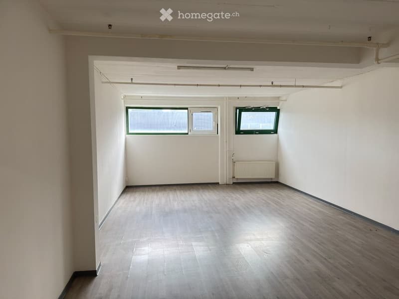 Empty room with wooden flooring, white walls, and large windows with green frames. No furniture or equipment present.