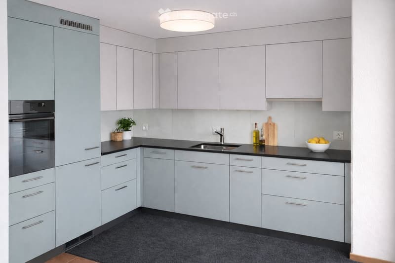 Modern kitchen with light grey cabinets, black countertops, stainless steel sink, and various small appliances and decorative items on the counter.