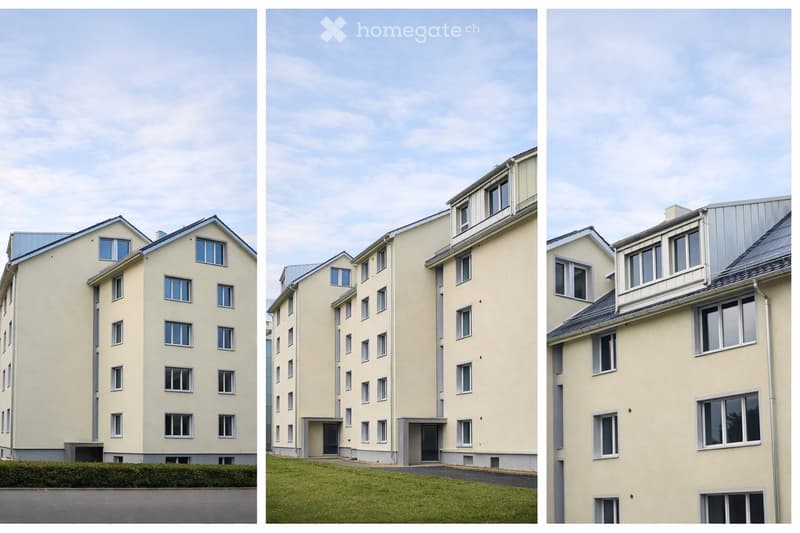Apartment building with many windows, beige exterior, two entrances on the left, a grassy area in the middle