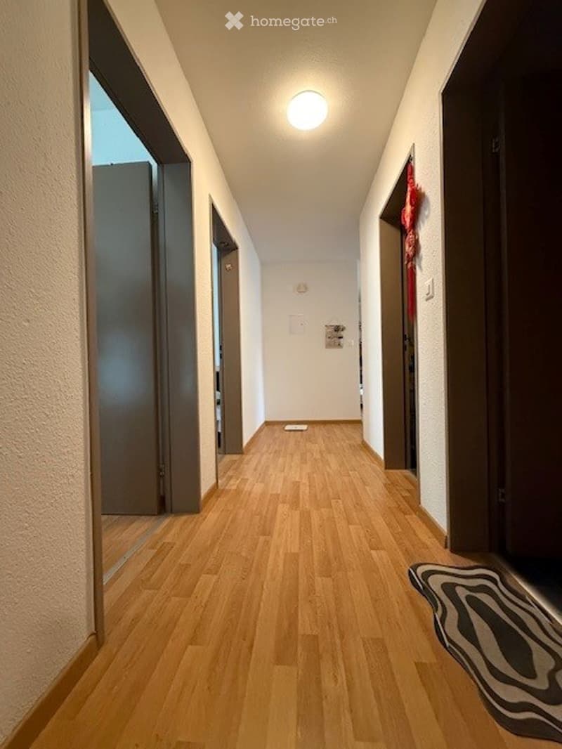 A narrow hallway with wooden flooring, white walls, and several closed doors. A small rug is placed near the end of the hallway, and a light fixture is mounted on the ceiling.