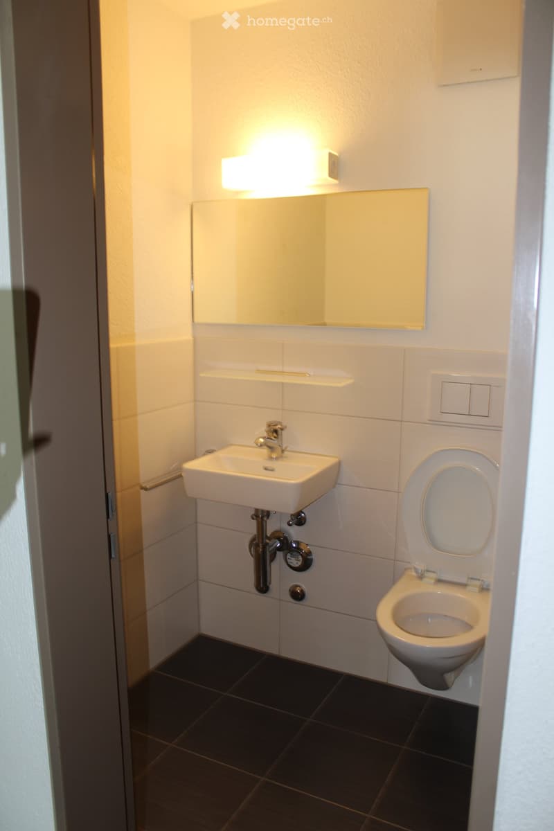 Modern bathroom with white tiles, a sink, a toilet, a mirror, and a light fixture above the sink.