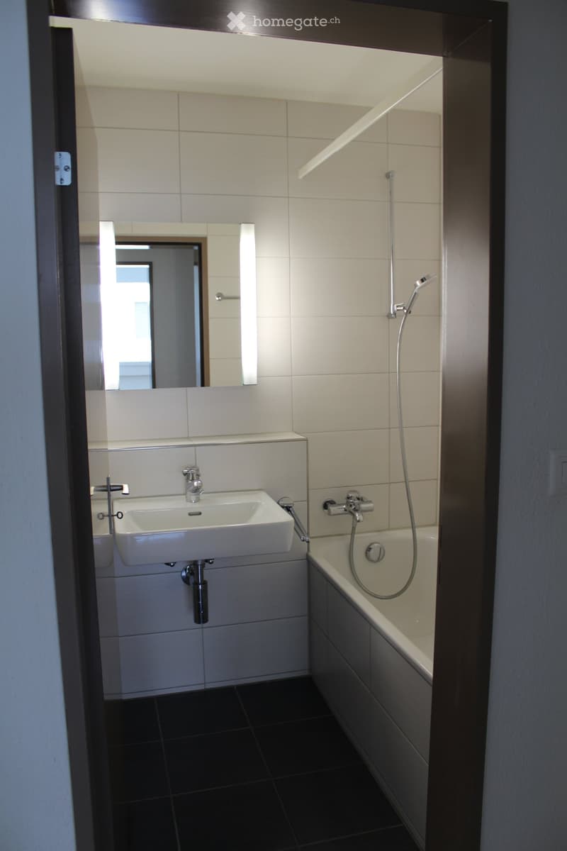 Modern bathroom with white tiles, a white sink, a bathtub with a handheld shower, and a large mirror above the sink.