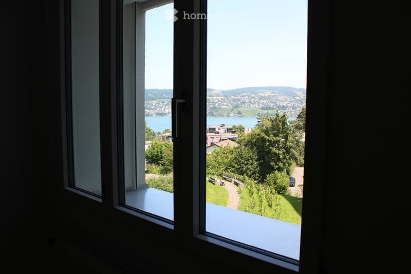 View from a large window showing a scenic landscape with a lake, hills, and a town in the distance.