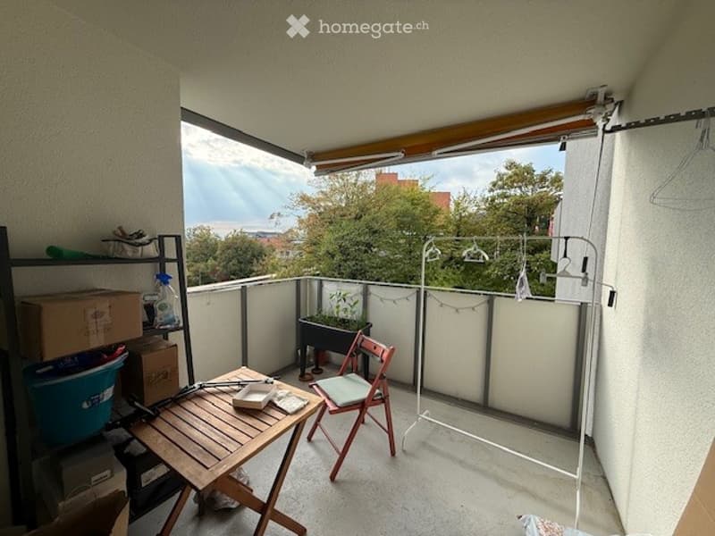 Balcony with wooden table, folding chair, small potted plant, clothes drying rack, and storage boxes.